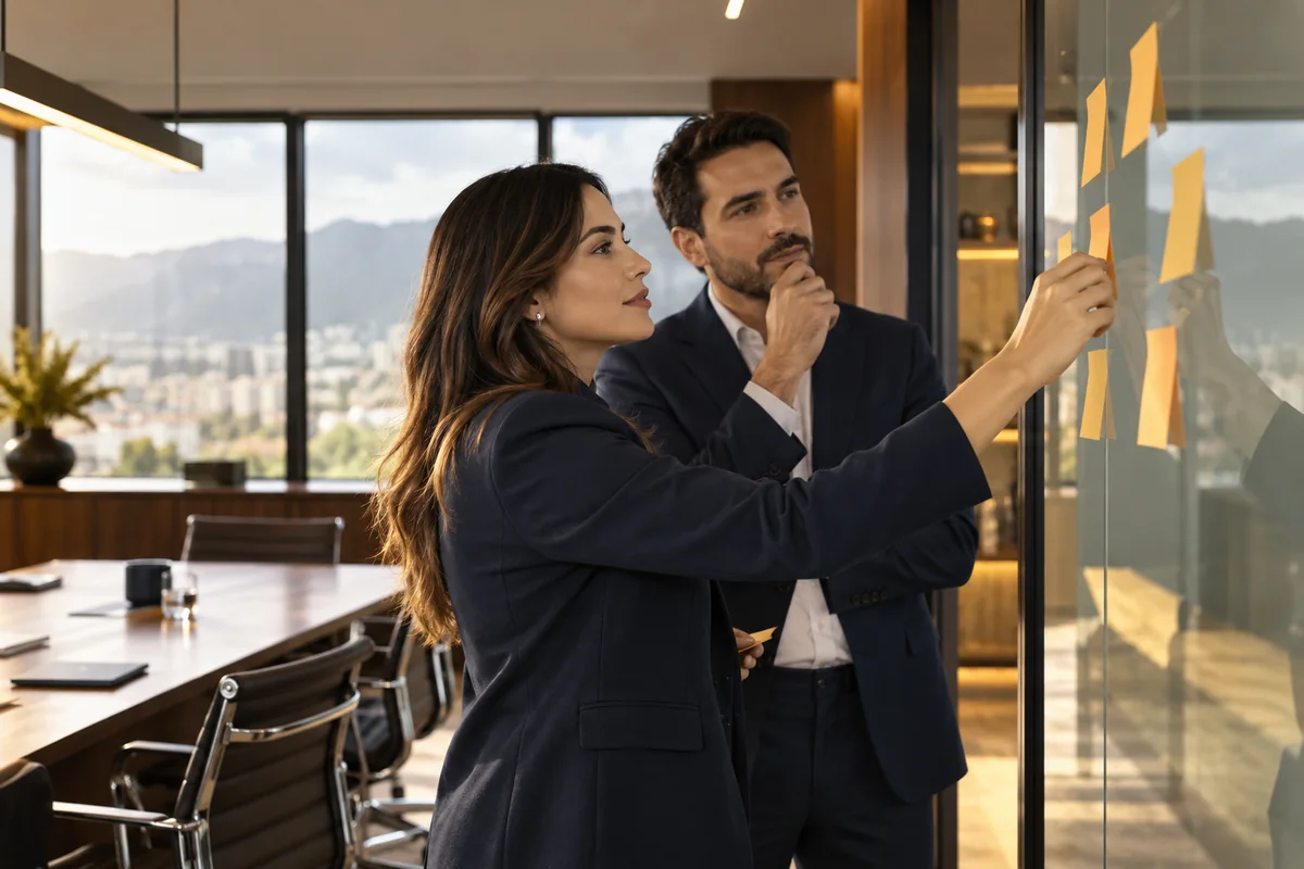 Consultores trabajando en un mapa estratégico en una sala de reuniones