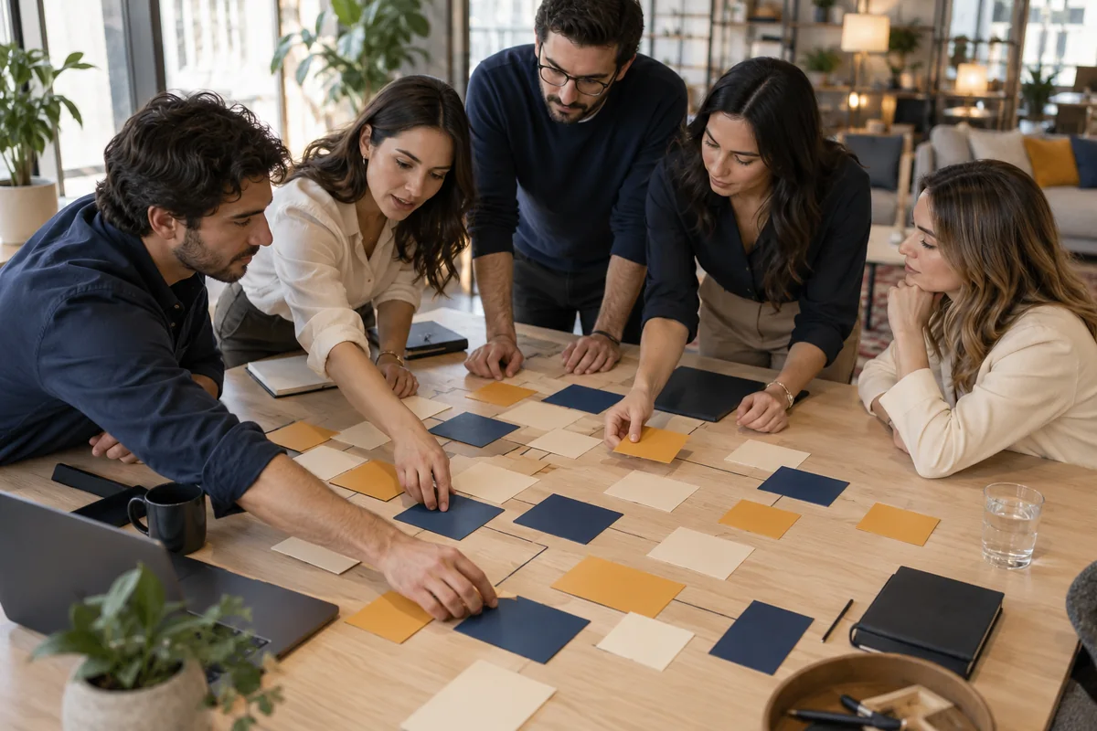 Equipo organizando responsabilidades y procesos sobre una mesa de trabajo