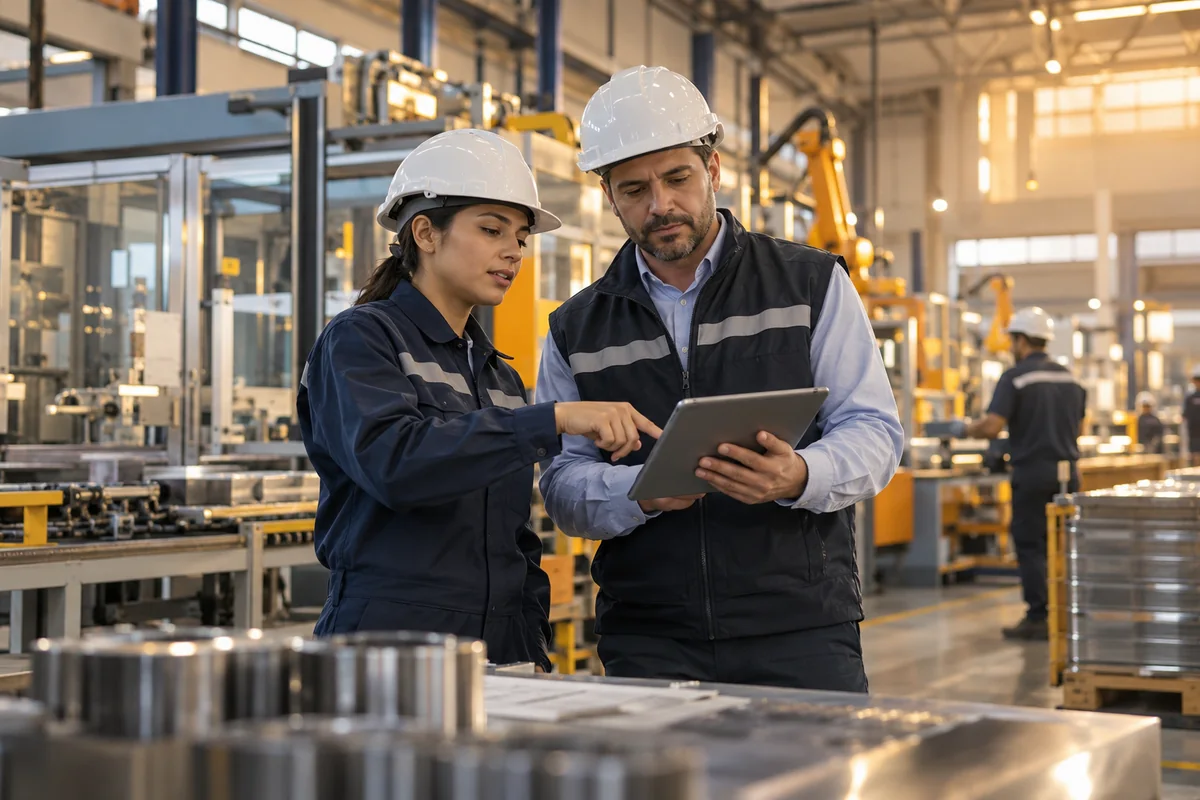 Especialistas revisando la productividad en una planta industrial