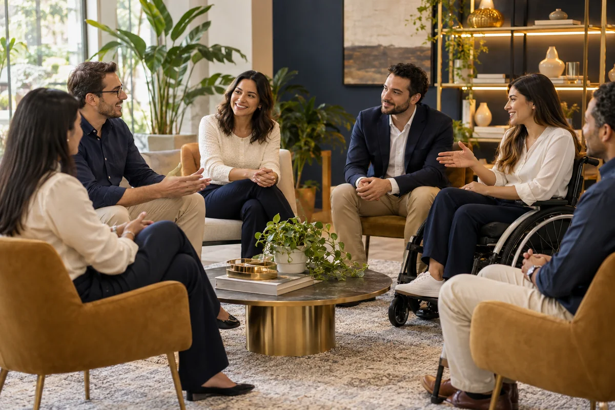 Equipo diverso participando en una conversación de cultura y colaboración